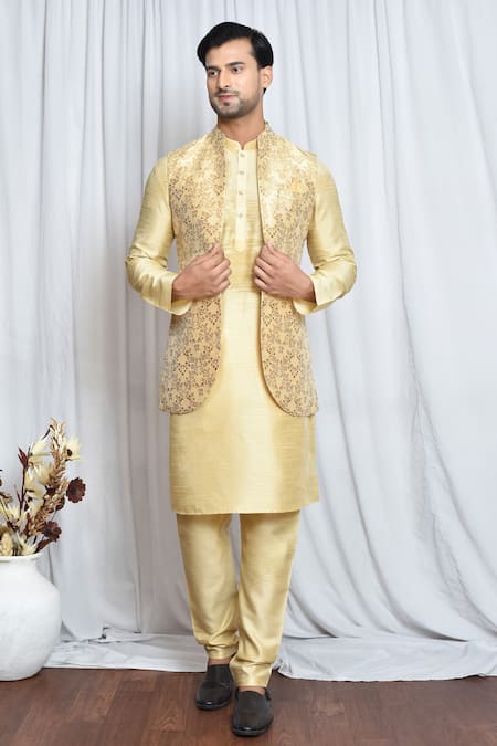 Aryavir Malhotra Gold Jacquard Buttercup Flora Woven Nehru Jacket 