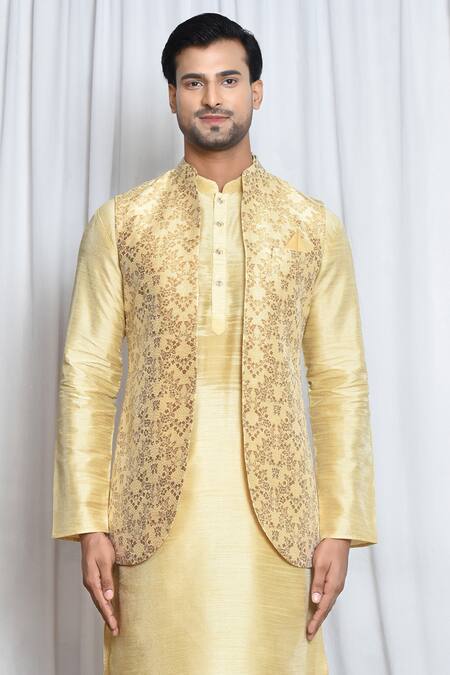 Arihant Rai Sinha_Gold Jacquard Embroidery Buttercup Flora Nehru Jacket _Online_at_Aza_Fashions