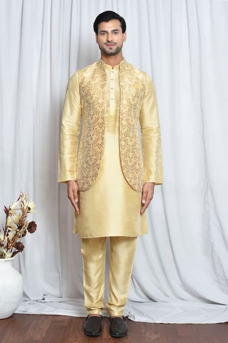 Buy_Arihant Rai Sinha_Gold Jacquard Embroidery Buttercup Flora Nehru Jacket _Online_at_Aza_Fashions