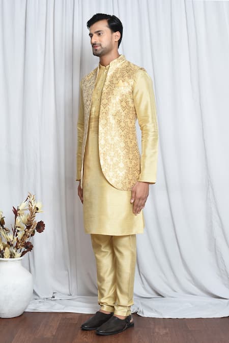 Shop_Arihant Rai Sinha_Gold Jacquard Embroidery Buttercup Flora Nehru Jacket _Online_at_Aza_Fashions