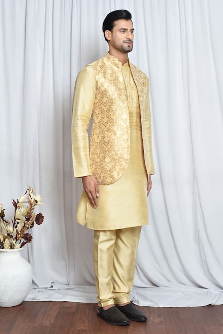 Arihant Rai Sinha_Gold Jacquard Embroidery Buttercup Flora Nehru Jacket _at_Aza_Fashions