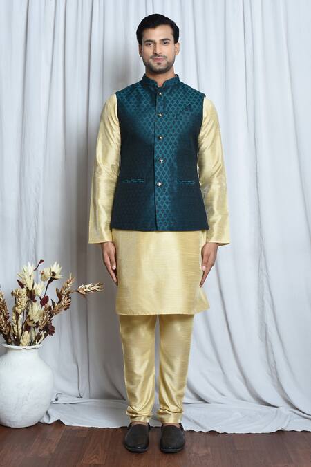 Arihant Rai Sinha_Blue Jacquard Embroidery Dahlia Flora Nehru Jacket_Online_at_Aza_Fashions