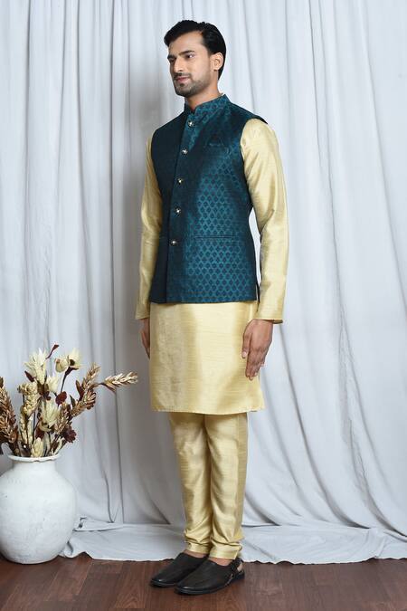 Shop_Arihant Rai Sinha_Blue Jacquard Embroidery Dahlia Flora Nehru Jacket_Online_at_Aza_Fashions