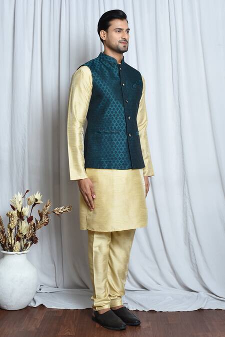 Arihant Rai Sinha_Blue Jacquard Embroidery Dahlia Flora Nehru Jacket_at_Aza_Fashions