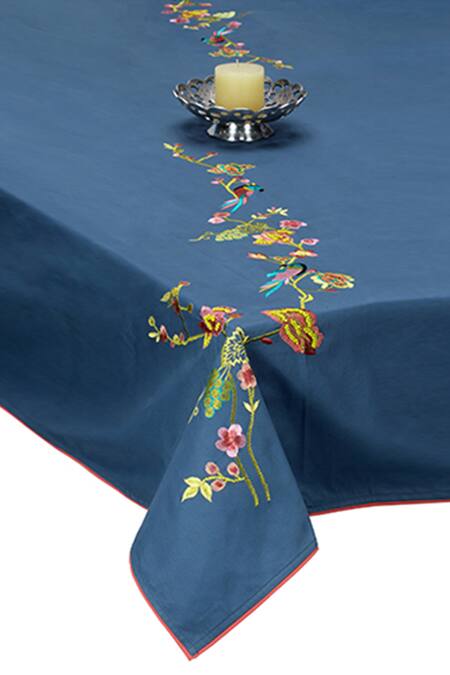 Shop Perenne Design Blue Cotton Embroidered Cloth Fits 8-10 Seater at Aza Fashions Shop_Perenne Design_Blue Cotton Embroidered Cloth Fits 8-10 Seater_at_Aza_Fashions