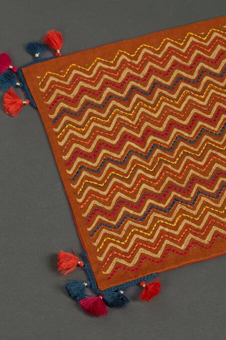 Ritu Kumar_Brown Canvas Floral Motifs Rug Single Pc_Online_at_Aza_Fashions