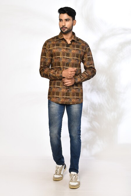 Arihant Rai Sinha Brown Cotton Printed Geometric Shirt