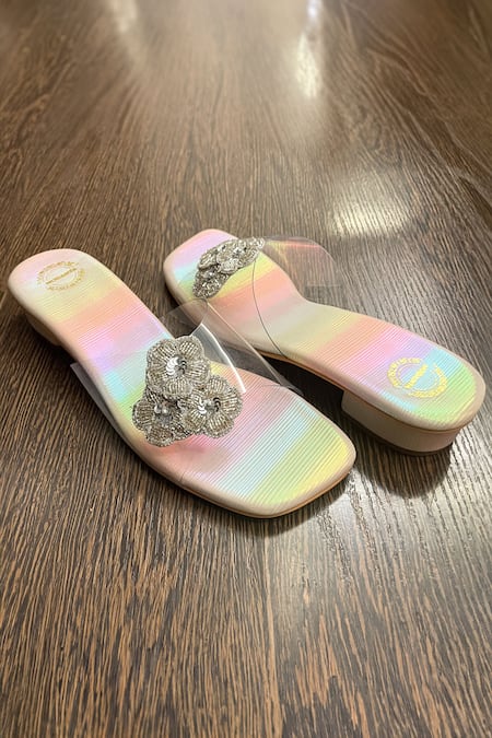 Shop Modanta Footwear Multi Color Embroidery Flower Rainbow Heel at Aza Fashions Shop_Modanta Footwear_Multi Color Embroidery Flower Rainbow Heel _at_Aza_Fashions