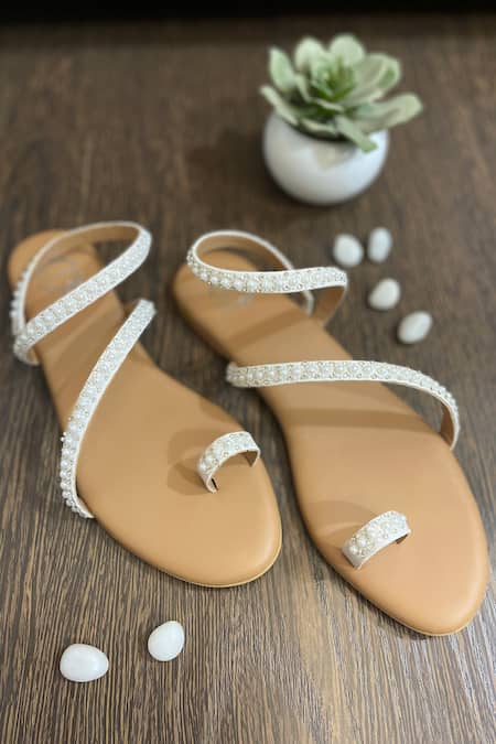 Shop Modanta Footwear White Beads Embroidered Strappy Flats at Aza Fashions Shop_Modanta Footwear_White Beads Embroidered Strappy Flats _at_Aza_Fashions