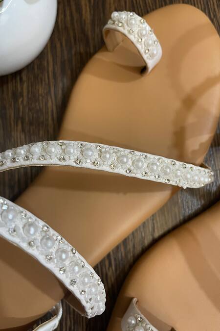 Modanta Footwear White Beads Embroidered Strappy Flats Online at Aza Fashions Modanta Footwear_White Beads Embroidered Strappy Flats _Online_at_Aza_Fashions