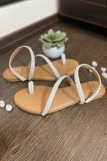 Buy Modanta Footwear White Beads Embroidered Strappy Flats Online at Aza Fashions Buy_Modanta Footwear_White Beads Embroidered Strappy Flats _Online_at_Aza_Fashions