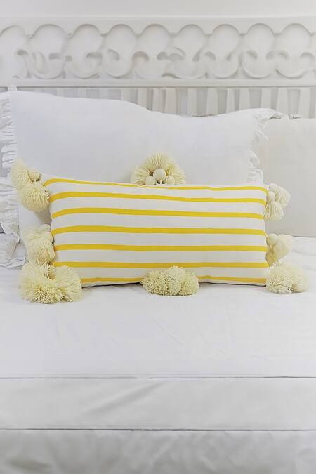Shop Throwpillow White Cotton Striped Tassel Cushion Cover at Aza Fashions Shop_Throwpillow_White Cotton Striped Tassel Cushion Cover_at_Aza_Fashions