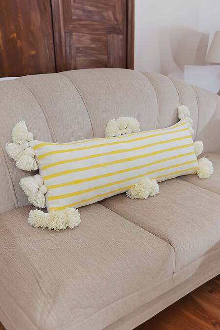 Throwpillow White Cotton Striped Tassel Cushion Cover Online at Aza Fashions Throwpillow_White Cotton Striped Tassel Cushion Cover_Online_at_Aza_Fashions