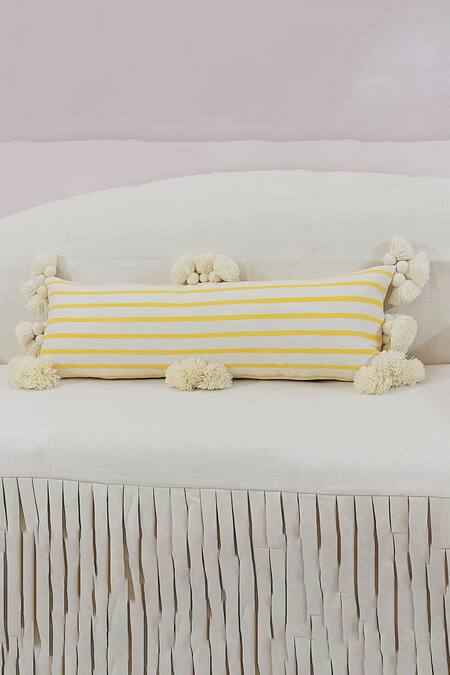 Buy Throwpillow White Cotton Striped Tassel Cushion Cover Online at Aza Fashions Buy_Throwpillow_White Cotton Striped Tassel Cushion Cover_Online_at_Aza_Fashions