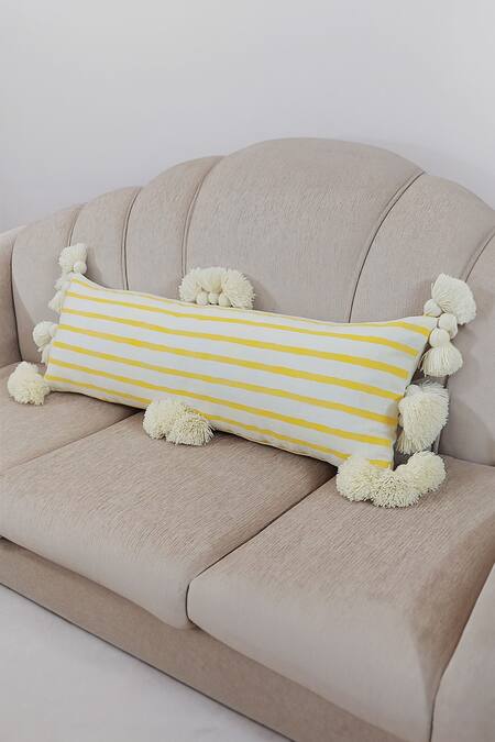 Shop Throwpillow White Cotton Striped Tassel Cushion Cover Online at Aza Fashions Shop_Throwpillow_White Cotton Striped Tassel Cushion Cover_Online_at_Aza_Fashions