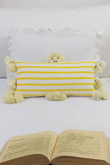 Buy Throwpillow White Cotton Striped Tassel Cushion Cover Buy_Throwpillow_White Cotton Striped Tassel Cushion Cover