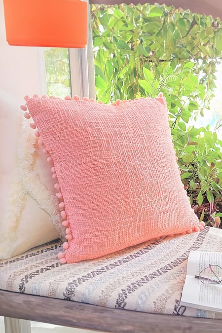 Throwpillow Pink Cotton Embroidered Cushion Cover 