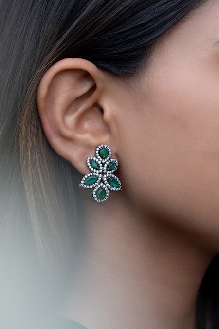 Do Taara_Green Crystals, Cut Work Victorian Embellished Stone Stud Earrings _Online_at_Aza_Fashions