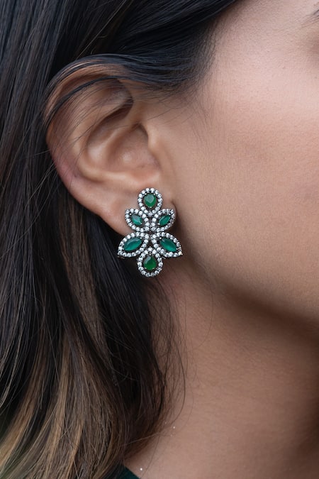 Shop_Do Taara_Green Crystals, Cut Work Victorian Embellished Stone Stud Earrings _Online_at_Aza_Fashions