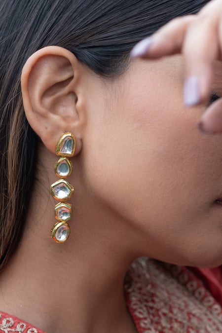 Buy Do Taara Gold Plated Diamonds, Stones Geometric Kundan Embellished Dangler Earrings Online at Aza Fashions Buy_Do Taara_Gold Plated Diamonds, Stones Geometric Kundan Embellished Dangler Earrings _Online_at_Aza_Fashions