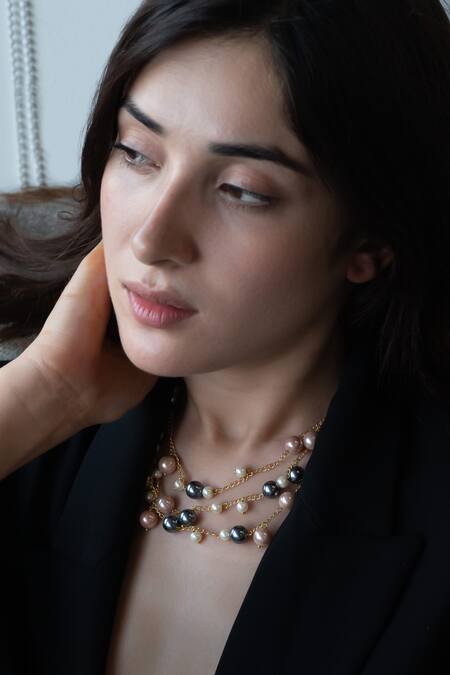 Do Taara Multi Color Pearls Embellished Layered Necklace Online at Aza Fashions Do Taara_Multi Color Pearls Embellished Layered Necklace_Online_at_Aza_Fashions