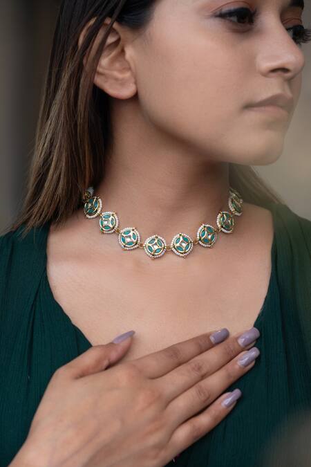 Buy_Do Taara_Gold Plated Meenakari Work, Pearls And Kundan Embellished Choker Necklace_Online_at_Aza_Fashions