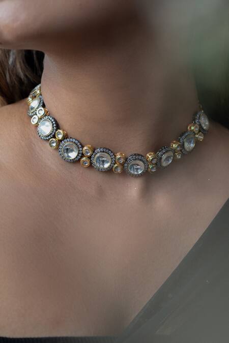 Do Taara_Silver Plated Polki, Cubic Zirconia Choker Necklace_Online_at_Aza_Fashions