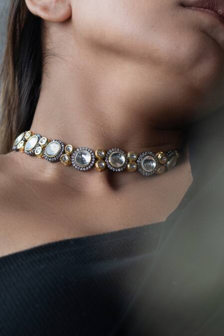 Buy_Do Taara_Silver Plated Polki, Cubic Zirconia Choker Necklace_Online_at_Aza_Fashions
