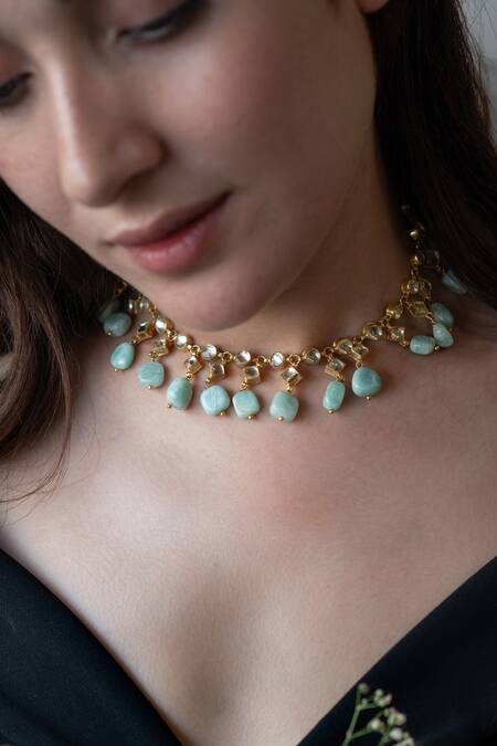 Do Taara_Blue Kundan, Natural Stones Embellished Necklace_Online_at_Aza_Fashions