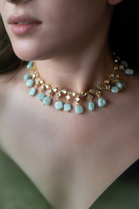 Buy_Do Taara_Blue Kundan, Natural Stones Embellished Necklace_Online_at_Aza_Fashions