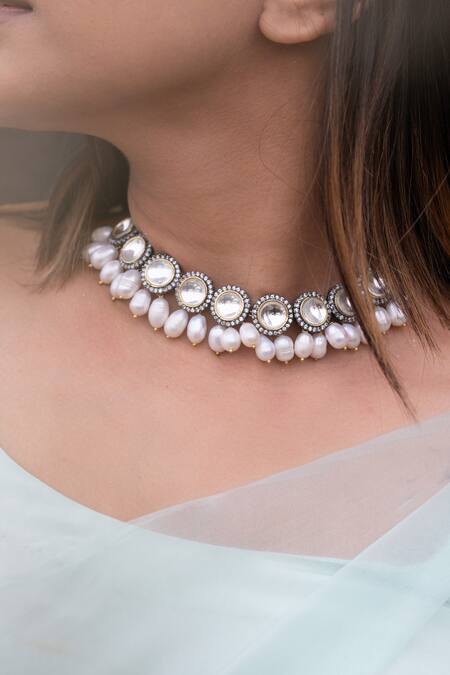 Shop_Do Taara_Silver Plated Pearls, Polki And Necklace_Online_at_Aza_Fashions