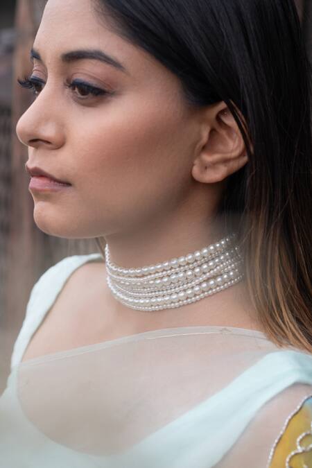 Buy Do Taara White Studded Multilayered Pearl Necklace at Aza Fashions Buy_Do Taara_White Studded Multilayered Pearl Necklace_at_Aza_Fashions