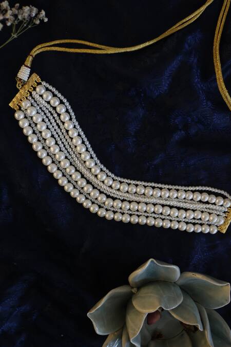 Shop Do Taara White Studded Multilayered Pearl Necklace at Aza Fashions Shop_Do Taara_White Studded Multilayered Pearl Necklace_at_Aza_Fashions
