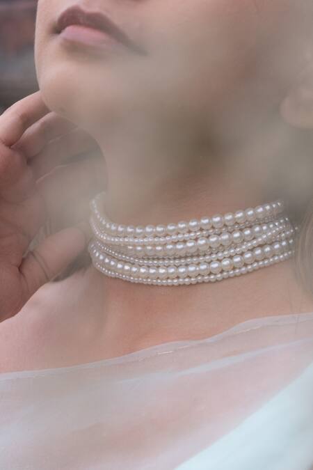 Do Taara White Studded Multilayered Pearl Necklace Online at Aza Fashions Do Taara_White Studded Multilayered Pearl Necklace_Online_at_Aza_Fashions