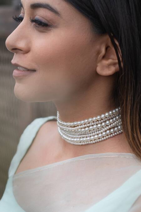 Buy Do Taara White Studded Multilayered Pearl Necklace Online at Aza Fashions Buy_Do Taara_White Studded Multilayered Pearl Necklace_Online_at_Aza_Fashions