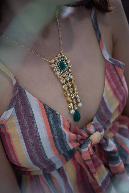 Shop_Do Taara_Green Pearls, Kundan, Natural Stones Pendant Necklace_Online_at_Aza_Fashions