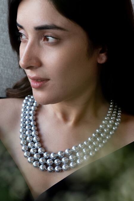Do Taara_Grey Studded Triple Layered Pearl Necklace_Online_at_Aza_Fashions