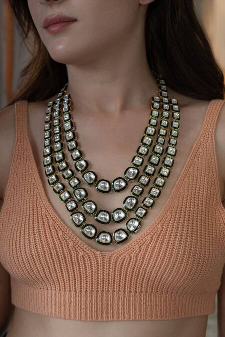 Buy Do Taara Green Polki Triple Layered Necklace at Aza Fashions Buy_Do Taara_Green Polki Triple Layered Necklace_at_Aza_Fashions