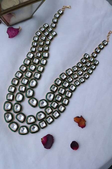 Shop Do Taara Green Polki Triple Layered Necklace at Aza Fashions Shop_Do Taara_Green Polki Triple Layered Necklace_at_Aza_Fashions