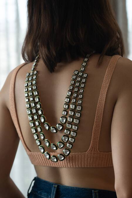 Do Taara Green Polki Triple Layered Necklace Online at Aza Fashions Do Taara_Green Polki Triple Layered Necklace_Online_at_Aza_Fashions