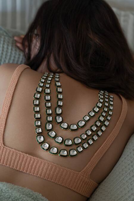 Buy Do Taara Green Polki Triple Layered Necklace Online at Aza Fashions Buy_Do Taara_Green Polki Triple Layered Necklace_Online_at_Aza_Fashions