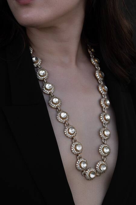 Do Taara_Gold Plated Polki, Cubic Zirconia Studded Necklace_Online_at_Aza_Fashions