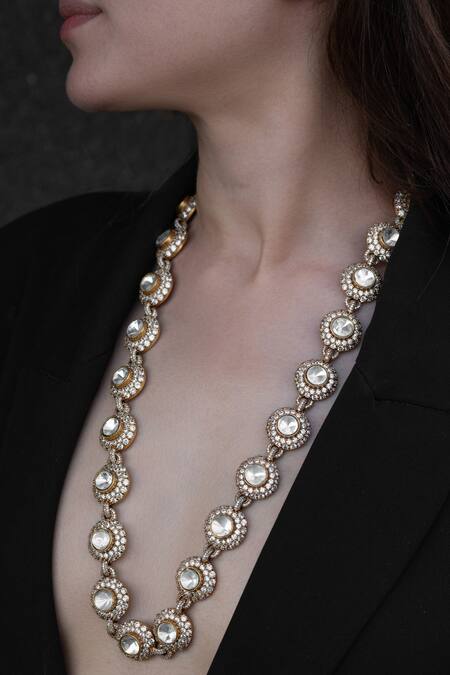 Buy_Do Taara_Gold Plated Polki, Cubic Zirconia Studded Necklace_Online_at_Aza_Fashions