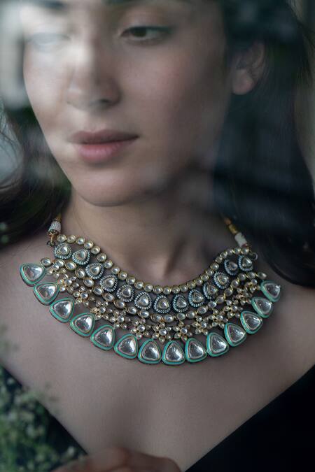 Do Taara_Blue Polki Choker Necklace_Online_at_Aza_Fashions