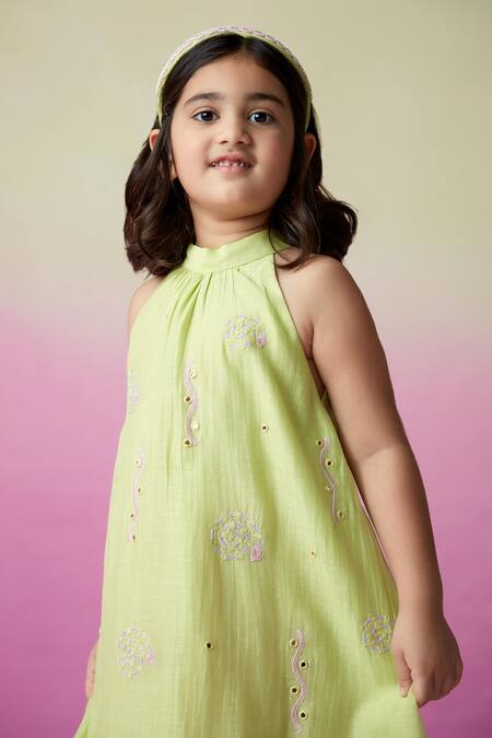 The Right Cut_Green Chanderi Mirrors, Embroidery Little Starry Hand Kurta And Skirt Set _Online_at_Aza_Fashions