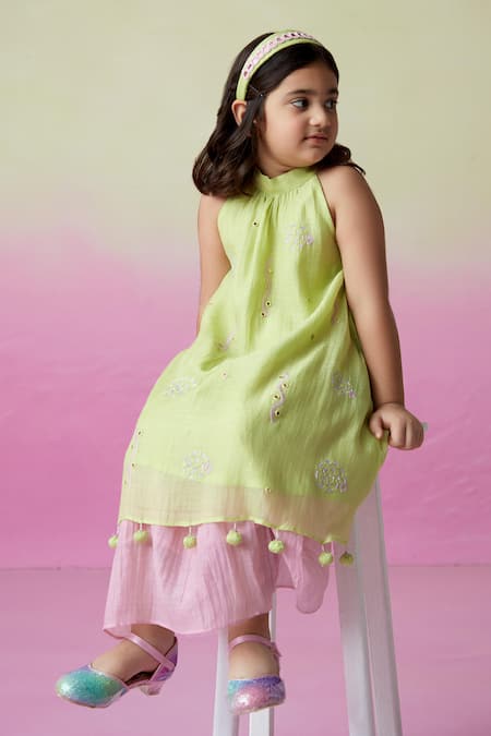 Shop_The Right Cut_Green Chanderi Mirrors, Embroidery Little Starry Hand Kurta And Skirt Set _Online_at_Aza_Fashions