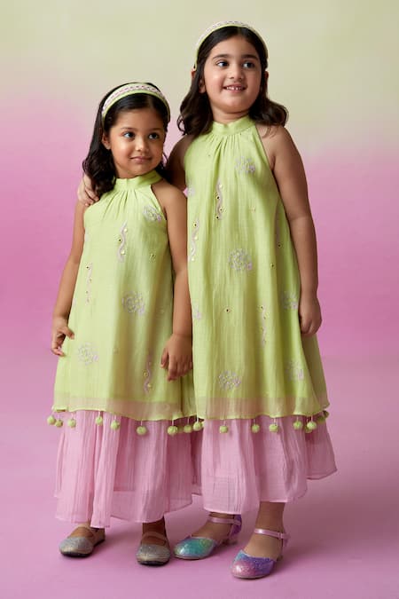 The Right Cut_Green Chanderi Mirrors, Embroidery Little Starry Hand Kurta And Skirt Set _at_Aza_Fashions