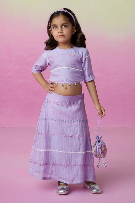 The Right Cut Purple Chanderi Embroidery, Mirrors Lace Blouse And Lehenga Set 