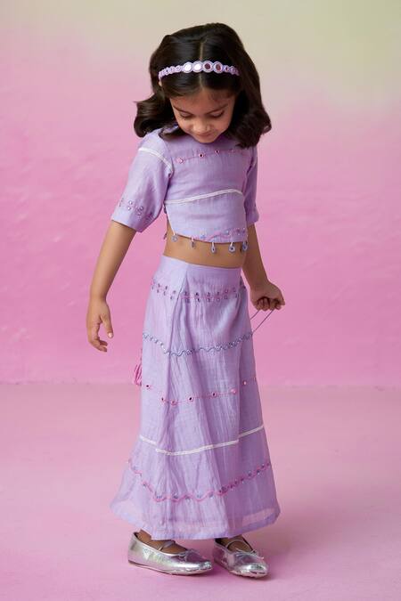 The Right Cut_Purple Chanderi Embroidery, Mirrors Lace Blouse And Lehenga Set _Online_at_Aza_Fashions