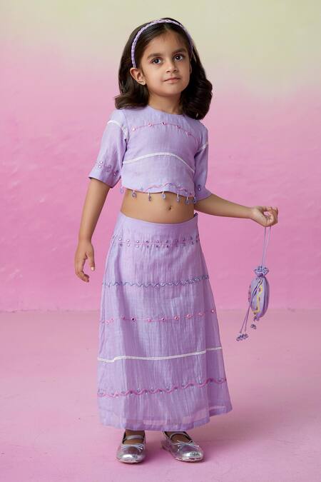 Buy_The Right Cut_Purple Chanderi Embroidery, Mirrors Lace Blouse And Lehenga Set _Online_at_Aza_Fashions